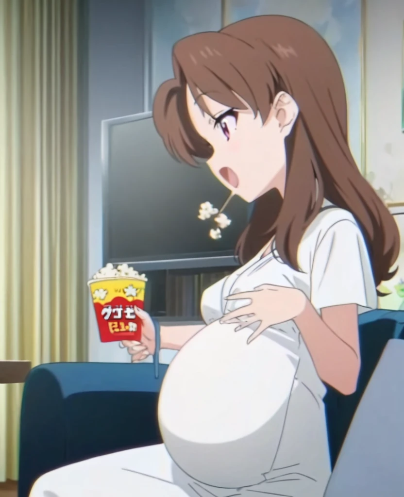 Pregnant woman, sitting on the sofa, while eating popcorn, background in the living room with TV, anime screencap