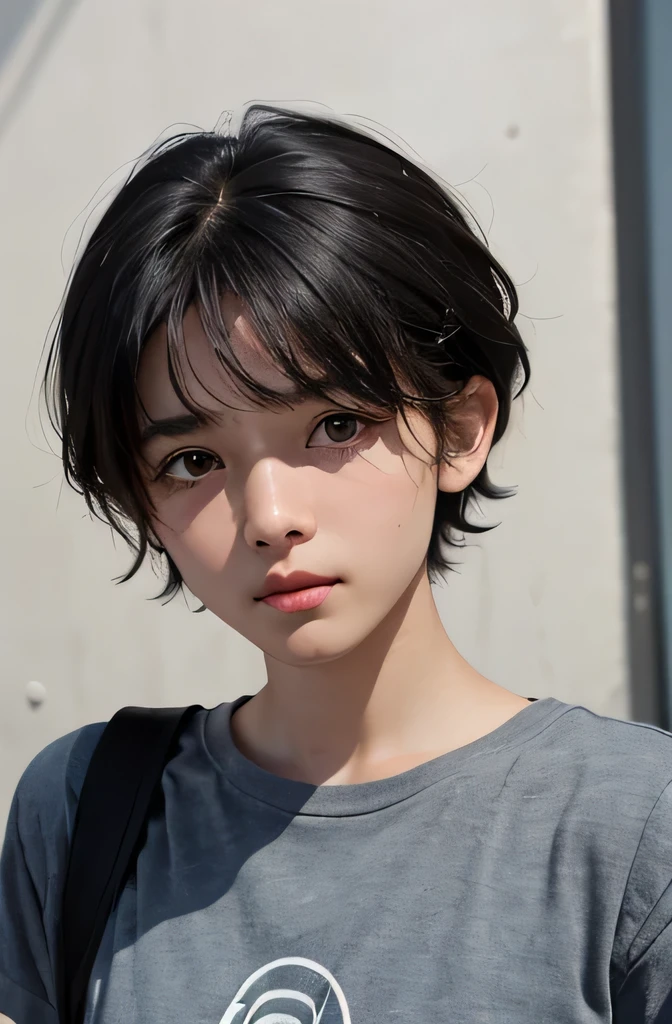 Highest quality、Highest quality、Professional portrait、Science fiction、My name is Ilya Haas.、16-year-old female、Jewish appearance、Black Hair、Short Hair、Gray Eyeature look、He has excellent grades in high school, but he helps his parents with manual labor.、Tshirt、cargo pants