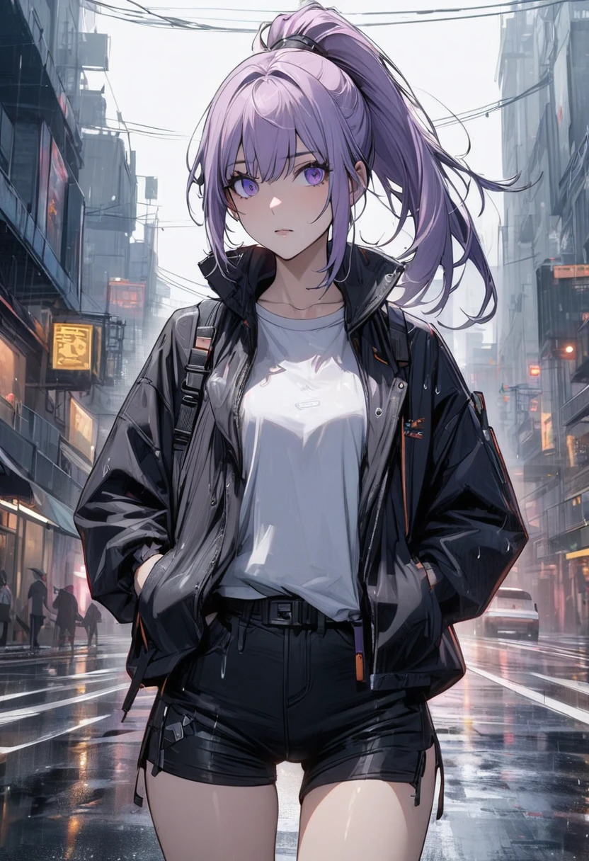 Young girl lavender hair high ponytail purple eyes cyberpunk functional jacket shorts high quality masterpiece rainy day