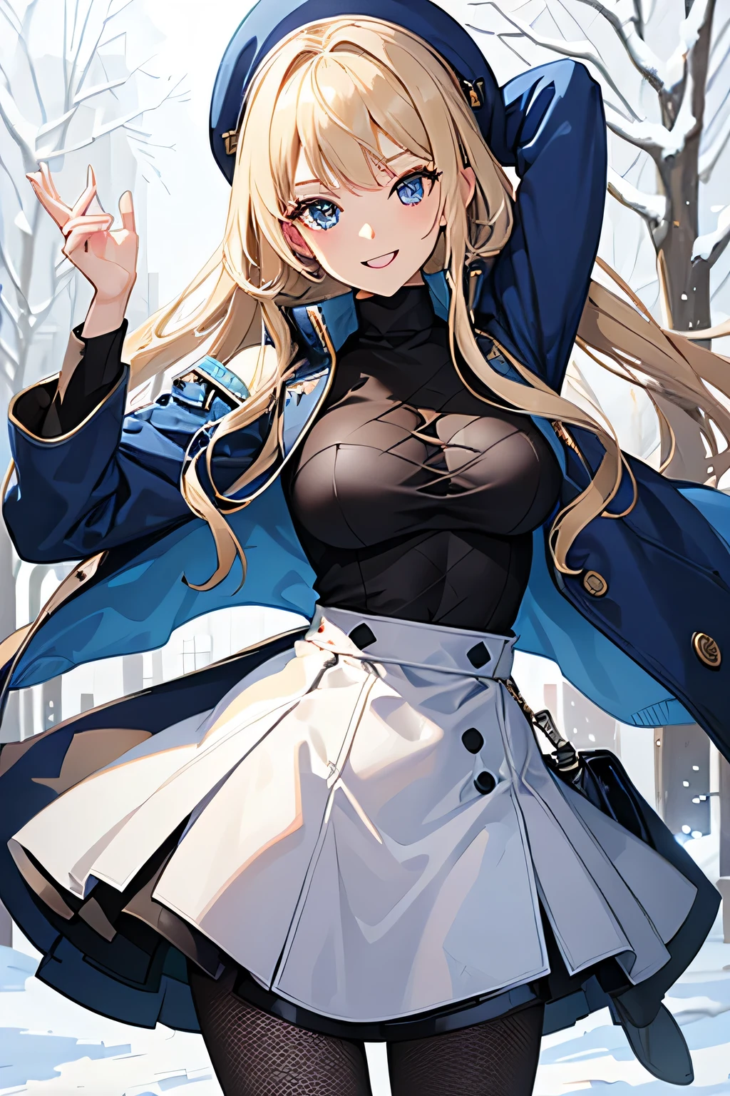 masterpiece, best quality, detailed clothes, young, blonde haired girl, blue eyes, medium breasts, winter puffer coat/jacket, turtleneck dress, fishnet leggings, smiling, smile