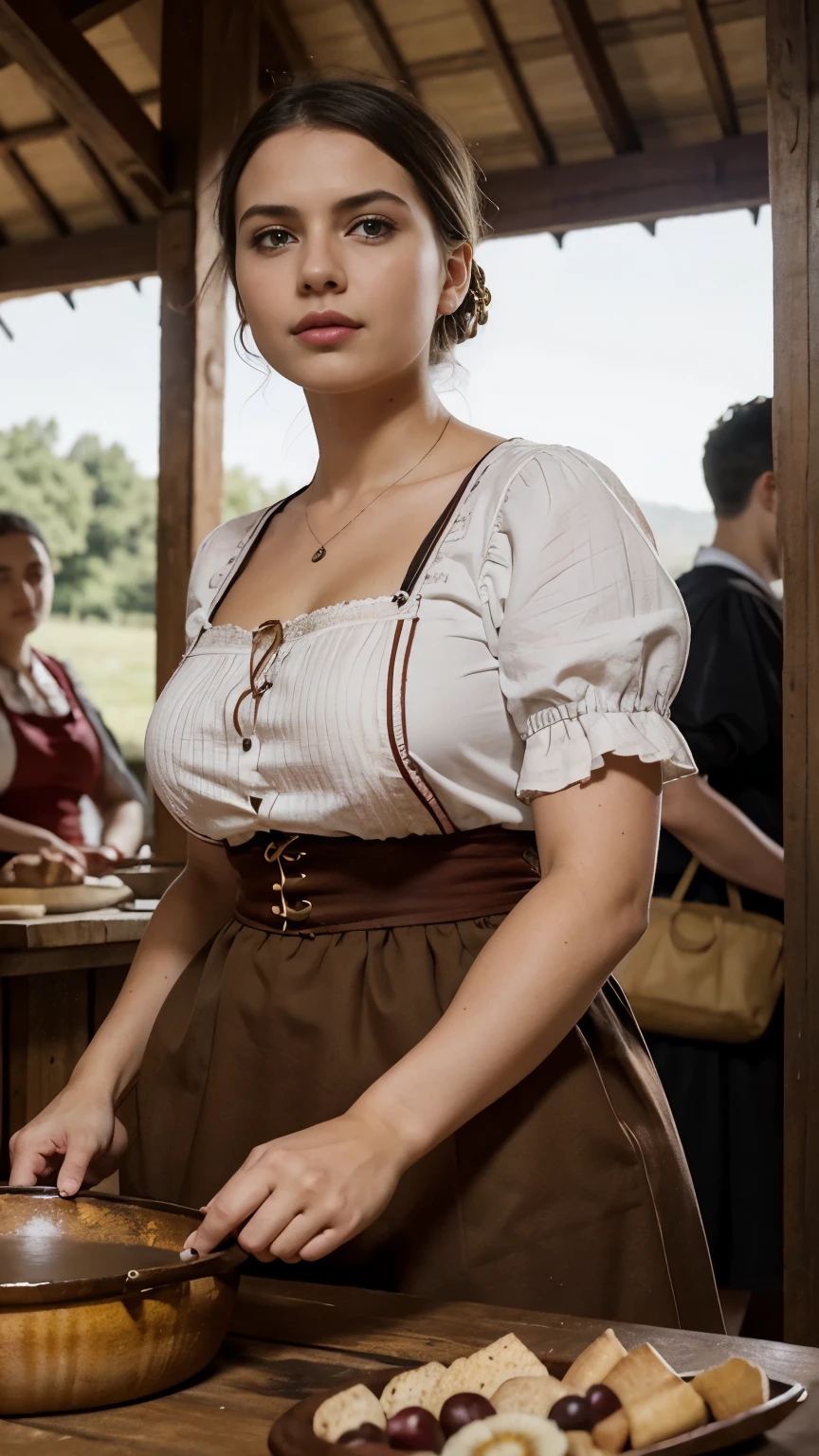  raw a scene featuring traditional German costumes from the 1930s. looking at viewer, female 20 years-old, brown hair ,double braid, smile, flower crown,  slime body, The women are wearing Dirndls, which include a close-fitting bodice with a low neckline, a blouse worn under the bodice, a wide high-waisted skirt, and an flower arrange traditional German costumes apron.  The setting is a rural village during a festival, with people engaging in traditional activities and celebrating their heritage .textured skin , HI detailed skin, (foreshortening, Canon, 8K, anatomically correct, super detail, high details, highness