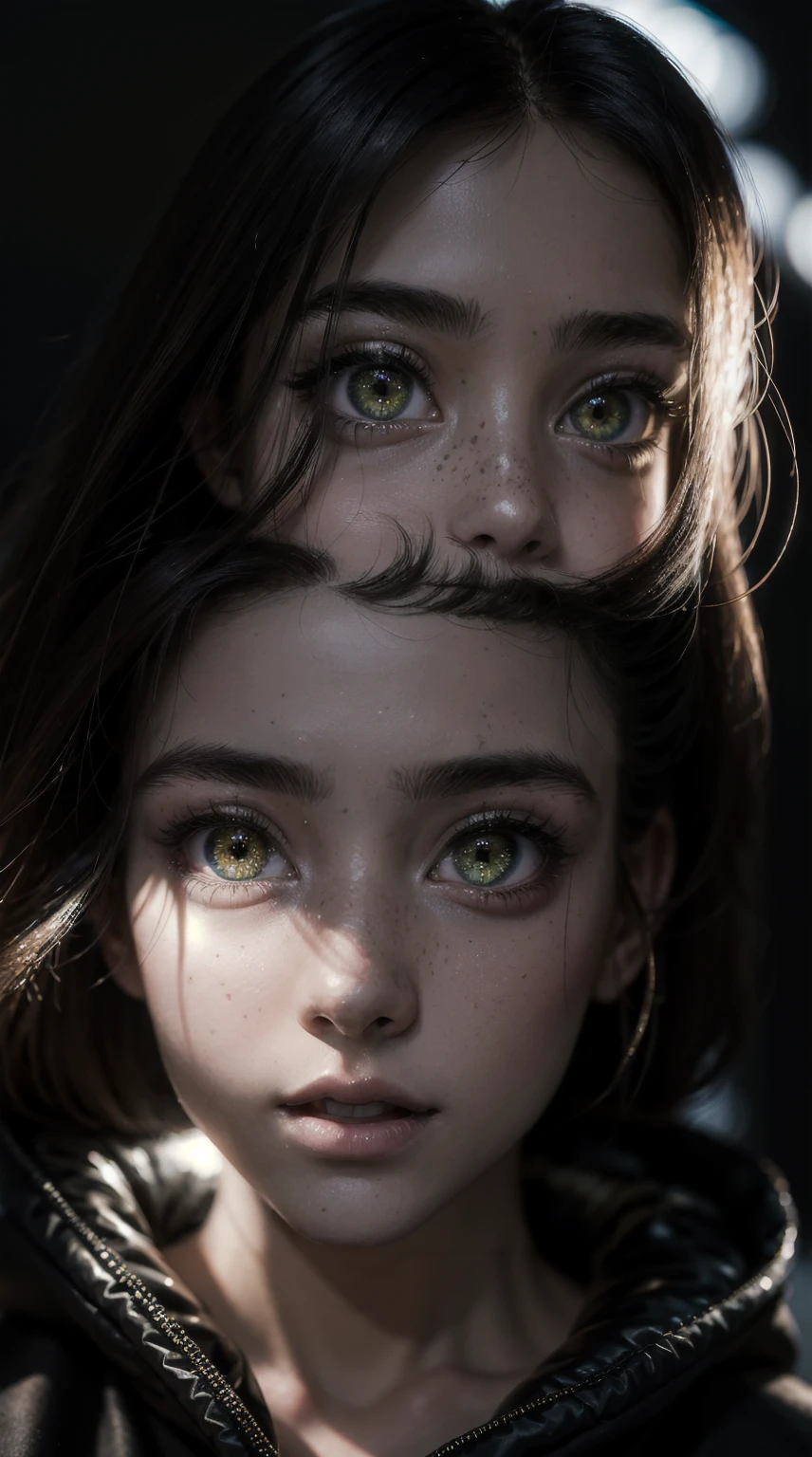 masterpiece, Best Quality, half body, portrait, city at night, 1 girl, cheered up, 3D, Japan, pixar, realist, young girl, smiling, beautiful face, harajuku fashion style, rain coat, beautiful, showy, Neon lights, cyberpunk, seeds skin, illustration, art station, stanley artgerm lau painting, side glance, foreshortening, 8k extremadamente detallado, seeds, High resolution, ultra quality, very detailed eyes, very detailed mouth, Very detailed face, Perfect eyes, Both eyes are the same, true light, Glare, iridescent, global illumination, real hair movement, true light, real shadow, The real way, High Definition, 2k, 4k, 8k, 16k, realist light, realist shadow, bright Eyes, fluorescent eyes, luz outfit, dream light