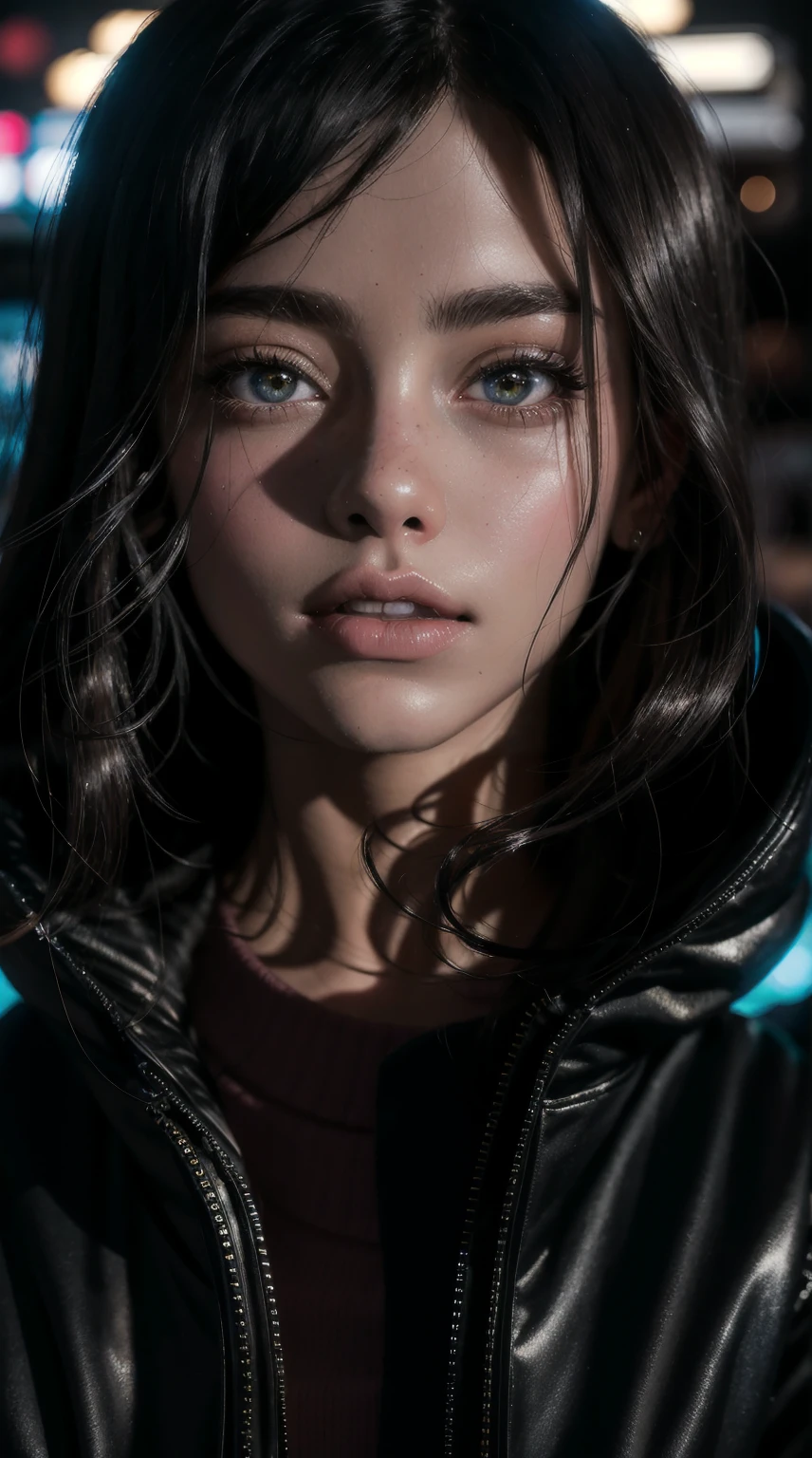 masterpiece, Best Quality, half body, portrait, city at night, 1 girl, cheered up, 3D, Japan, pixar, realist, young girl, smiling, beautiful face, harajuku fashion style, rain coat, beautiful, showy, Neon lights, cyberpunk, seeds skin, illustration, art station, stanley artgerm lau painting, side glance, foreshortening, 8k extremadamente detallado, seeds, High resolution, ultra quality, very detailed eyes, very detailed mouth, Very detailed face, Perfect eyes, Both eyes are the same, true light, Glare, iridescent, global illumination, real hair movement, true light, real shadow, The real way, High Definition, 2k, 4k, 8k, 16k, realist light, realist shadow, bright Eyes, fluorescent eyes, luz outfit, dream light