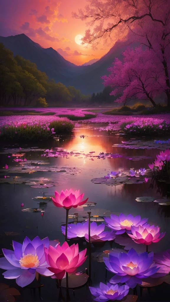 Purple flowers blooming in the pond，Sunset in the background, Magical colors and atmosphere, Magical scenery, Lotus Pond, beautiful Dreamy Landscape, Dreamlike scene, Dreamy Landscape, Surreal Waizi Flowers, 在Tranquil scenery中, Magical colors and atmosphere, Beautiful art UHD 4K, Very beautiful photos, Beautiful Numbers, Beautiful nature, Tranquil scenery, Warm and beautiful scene