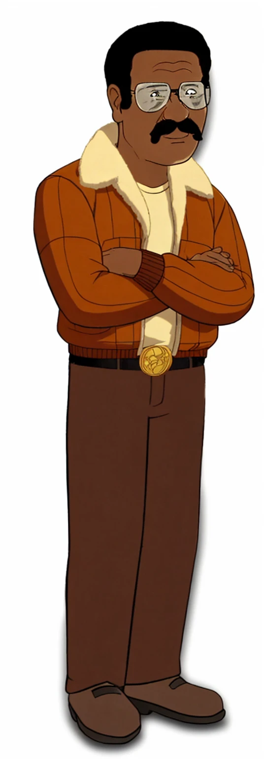 has short, tightly curled hair styled in a rounded shape on top of his head. Looks like Apollo creed from rocky 