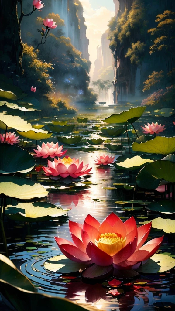 there is a painting of a lotus flower in a pond, lotus pond, Beautiful iPhone Wallpapers, Beautiful art UHD 4K, Beautiful digital artwork, lotus flowers on the water, lotus flowers, Amazing wallpapers, Anime beautiful peaceful scene, Li Song, lotus, with lotus flowers, Surreal Waizi Flowers, standing gracefully upon a lotus, Beautifully depicted