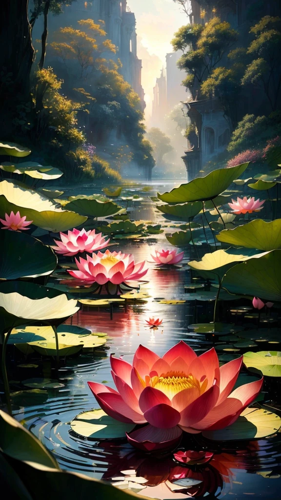 lotus, Green Stem, Silt emerges from the water, Golden Light, Buddha's Light Shines, Ultra HD, Retina, masterpiece, precise, Super Detail, High Detail, high quality, high resolution, 16K