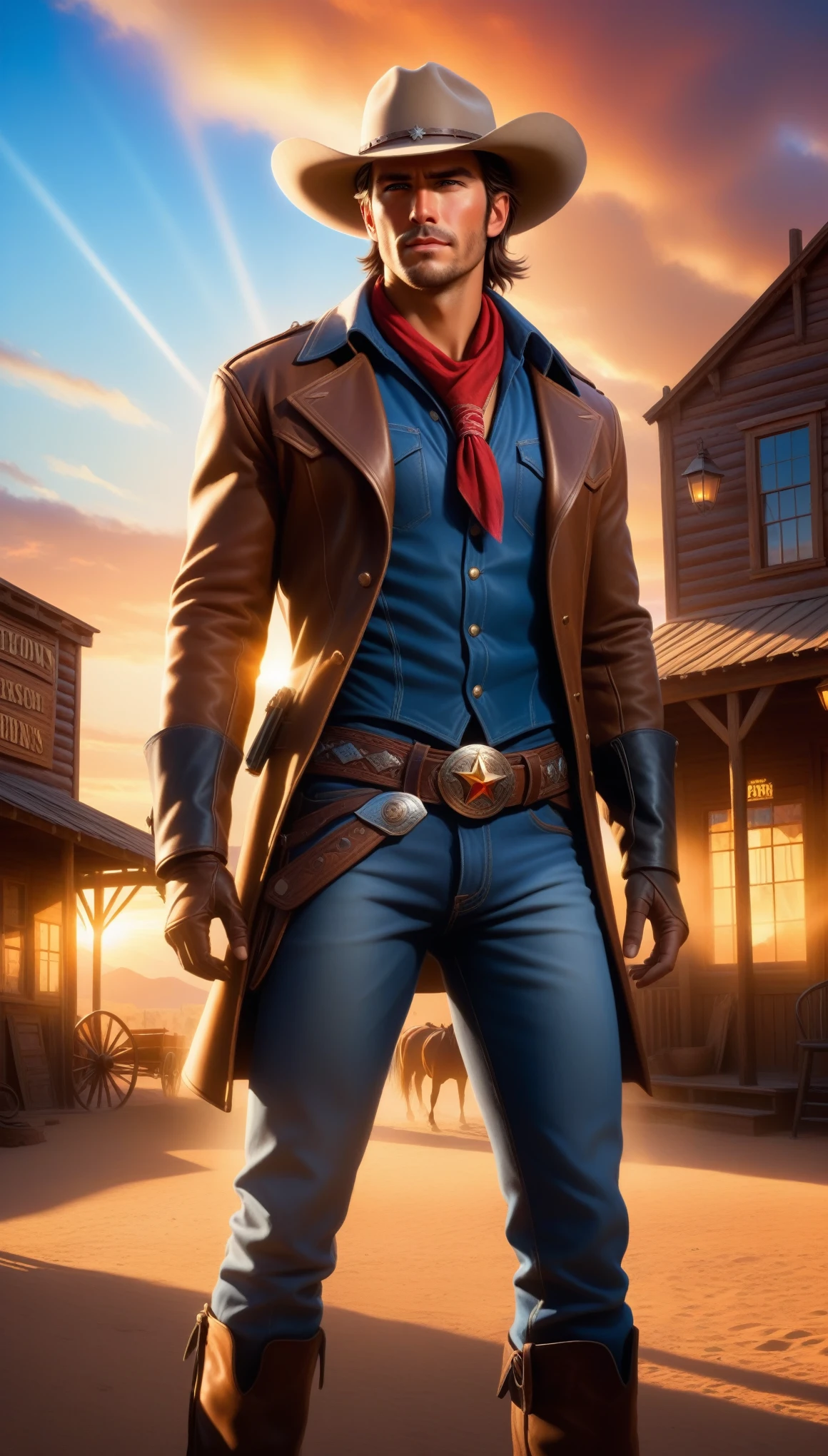 Masterpiece, Best Quality, Super Detailed, High Definition, HDR, Realistic, Depth, Fine Texture, Super Fine, Complete concentration. A cool and stylish Western cowboy standing confidently. The cowboy: wearing a wide-brimmed hat, rugged leather jacket, denim jeans, boots with spurs, and a bandana around the neck, holding a revolver or lasso. Scene: a dusty Western town with wooden buildings, saloon, and cacti in the background. Background: vibrant sunset or sunrise sky, dramatic lighting casting long shadows, colorful clouds, lens flare, and light beams. Lighting: cinematic lighting, volumetric lighting, lens flare, warm tones, high contrast, colorful light, and dynamic light effects. Details: detailed texture on clothing and accessories, weathered and rugged look, expressive eyes under the hat's brim, confident and calm expression, vibrant colors on clothing, and glowing highlights. Atmosphere: adventurous, wild, and heroic, with a sense of freedom and the spirit of the Old West, particles of dust and light floating in the air, creating a magical effect. Effects: colorful light rays, dynamic shadows, glowing edges, and ethereal atmosphere.