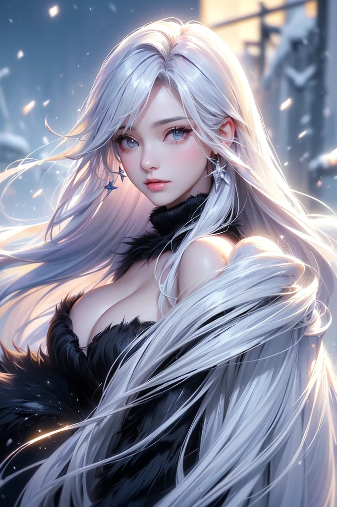 ((masterpiece:1.5、8k、Tabletop、フォトリアリスティックでVery detailedなCG、Very detailed、Particle Effects、Dynamic Effects、Shallow depth of field、Cinematic Light、Lens flare、Ray Tracing、Tabletop、Realistic:1.4、Ultra-high resolution:1.2、Realistic、Realistic))((alone、,A woman wearing a black fur coat over an off-the-shoulder knitted sweater:1.4、Elegant woman posing、Detailed face、bright表情、young, bright, Whiter skin、Medium chest、Beautiful cleavage、Best Looks、Asian、Ultimate beauty、bright and shiny hair,、Super long, Silky straight hair、Hair dancing in the wind))(morning、The setting is outdoors in the snow、Crystal of snow)((shiny white hair))