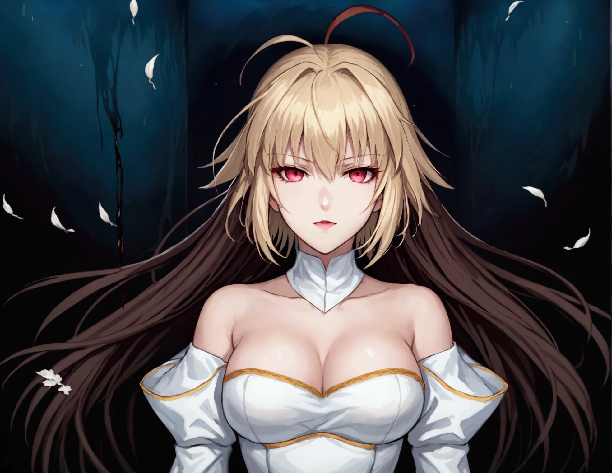 1girl, solo, arcueid brunestud, red eyes, blonde hair, solo, breasts, evil smile, arcueid, blood,
