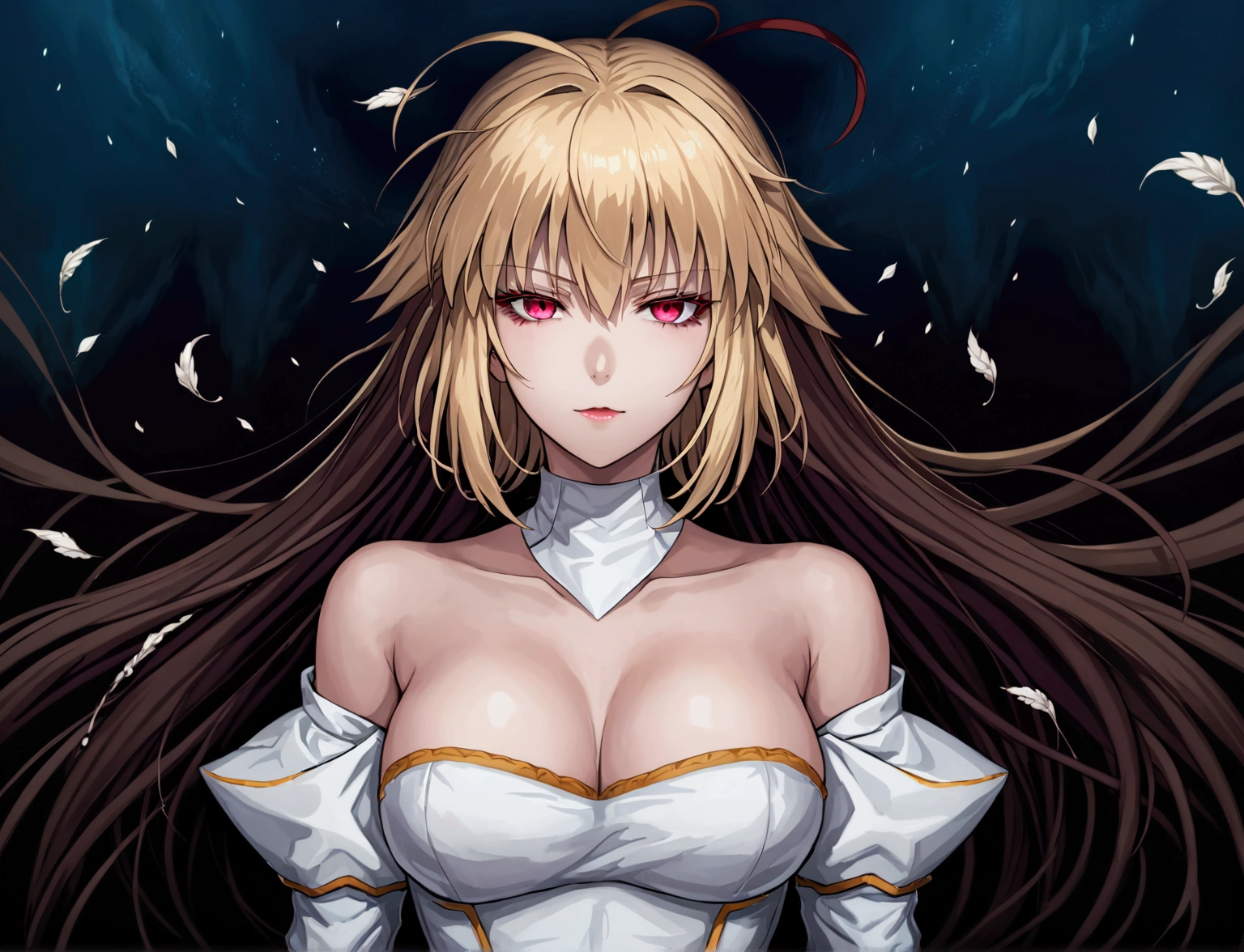1girl, solo, arcueid brunestud, red eyes, blonde hair, solo, breasts, evil smile, arcueid, blood,
