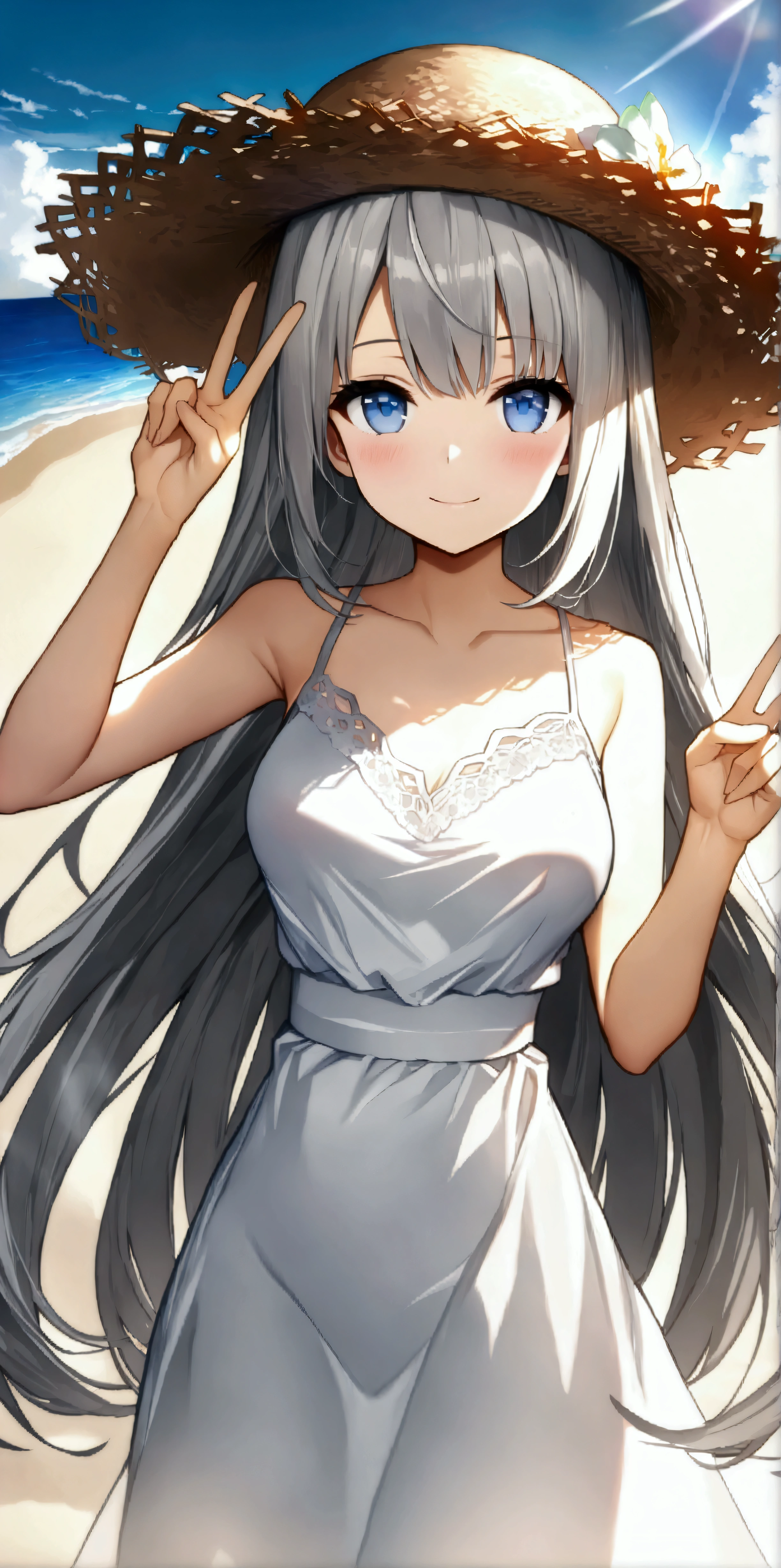 ((1_girl)), ((18_years_old)), (((cute_girl))), ideal ratio body proportions, ((very long hair)), ((gray hair)), ((beautiful blue eyes)), ((medium breasts)), (((white dress))), (Straw hat), (cowboy shot), (smile), (beach background), from front, ((v sign)), ((32k)), ((best quality)), ((ultra high res)), ((HDR)), ((UHD)), ((extremely detailed CG)), ((unity 32k wallpaper)),
