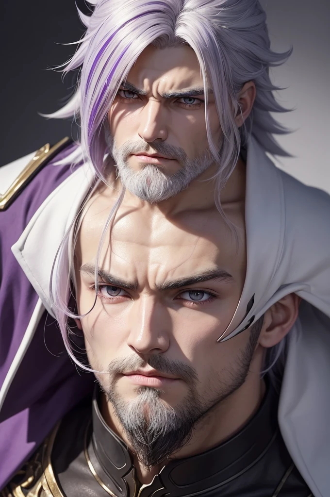 ((bestquality)), ((masterpiece)), (detailed), perfect face
Make a male character in the art style of the anime "Demon Slayer." Muscular, naturally white medium hair with some purple highlights, gray eyes, He has a well-groomed beard and a scar on his right eye, and he is a Hashira. He's 21 years old.