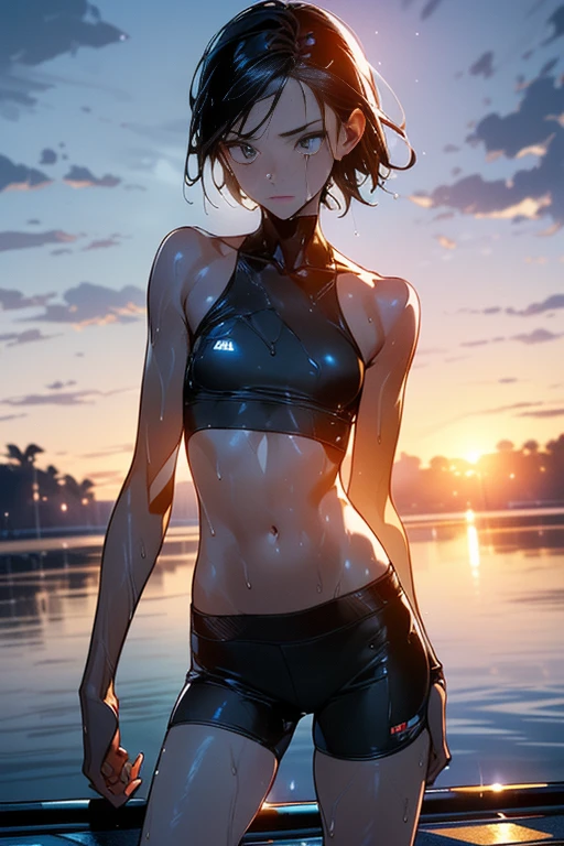 nsfw,Completely naked、((masterpiece, 最high quality, Super Definition, High resolution)), Sony a7, Film Grain, Dark Night, Realistic, One-point perspective, Diffuse Reflection, Colorful shiny particles, Lens flare, Soft lighting, (Slender and muscular、Japanese women with thin limbs, 22 years old), Please raise your hand:1.1, ((Armpits are visible,Center front body shot from head to navel:1.5)), Remember, Dark brown short ponytail hair, Highly detailed face, fine grain, Detailed lips, single eyelid, ((Very small breasts:1.7)),((Beach volleyball court:1.2)), The audience gets excited, Serious face, high quality, 4K, Updo,(Broad shoulders:1.25),((Fine abdominal muscles:1.4)),(slim short torso:1.3),