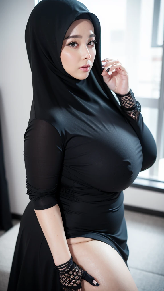 8K, high quality, nice lighting, soft lighting, detail fingers, perfect hand, realistic, dark eyes, sexy, big breasts, thighs, wide hips, muscular, malaysia, black dress, long sleeves, Jewelry, sexy lady, asian, hijab, niqab, sexy pose, in office, showing big thighs, nice body, natural largest breast, wearing wedding rings, hand sock, office girl, mature big body