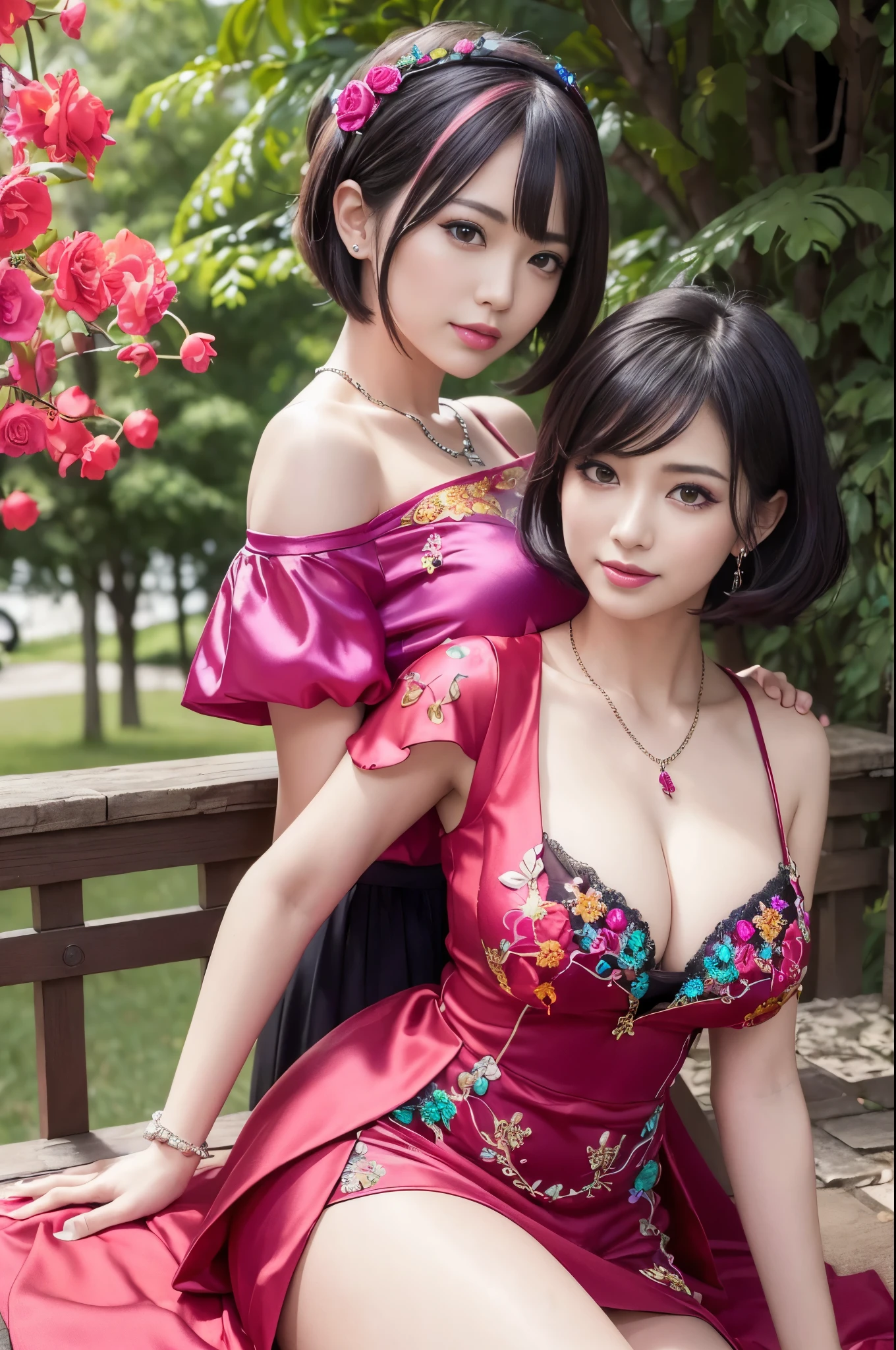 (masterpiece:1.4), (best quality:1.4), ultra high res, ultra high resolution, ((detailed facial features)), HDR, (realistic, photorealistic, photo-realistic:1.37), full body Esbian, sexy Vietnamese model, (-anime), vivid colors, ((vivid colors multicolor (red, fuchsia) very short hair)), (happy smile), lip-gloss, long lashes, ultra detailed metallic makeup, defined eyebrows, wearing large sparkling colorful jewelery, wearing a red silk Paradise Kiss cosplay dress with black floral embroidery, ((vivid colors outfit)), vivid colors, look at the camera, cinematic light, large park background with trees, sweet and sexy pose