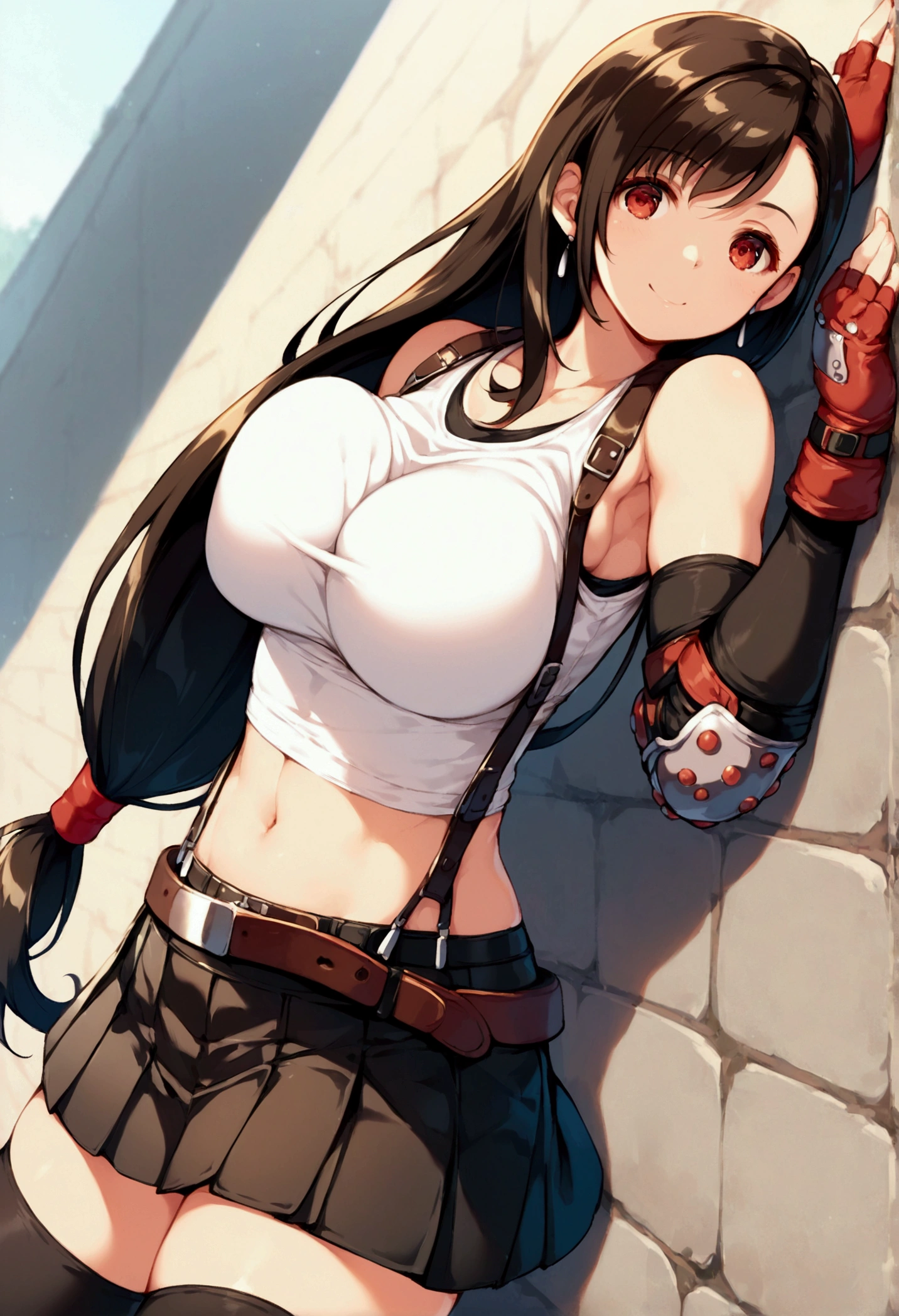 (score_9, score_8_up, score_7_up),,BREAK , ,dutch angle,,breast view, breast press,,standing,leaning on wall. upperbody,,Solo ,1girl, tifa lockhart, final fantasy, tareme,black hair, low-tied long hair, red eyes, bangs, (lace tank top, belt, transparent pleated skirt, thighhighs, elbow fingerless gloves, elbow pads, midriff, navel,suspender skirt) ,(huge_breast),(light smile),daytime,outdoor,(ultra detailed),(best quality),(aesthetic,very aesthetic),UHD,extremely detailed CG unity 8k wallpaper,depth of field,,,detailed face and eyes