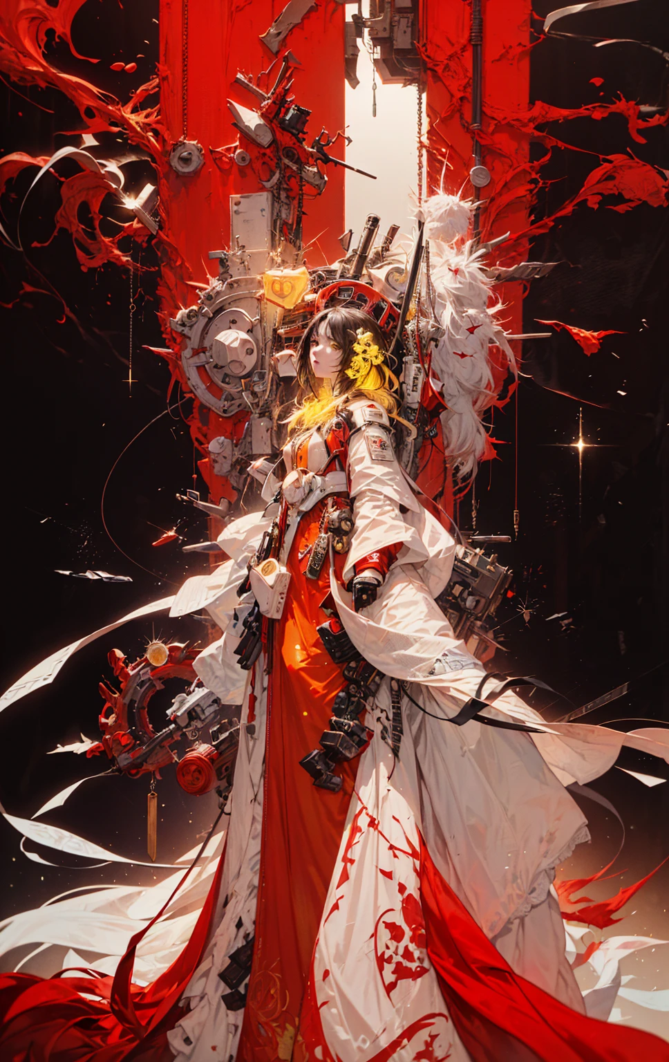 (1girl in)、(Plump beauty)、(Black hair)、(30-years old)、(Top image quality)、(8K picture quality)、(cyberpunked)、(masutepiece)、 (Flickering of light)、(Wear a cyberpunk military uniform)、cinematric light, Cinema Shadow, Sharp Image, Extremely detailed, Volumetric, Bright sprites, particles effect, beautiful effects, Vivid colors, neons, Neon light, Highly detailed image textures, detailed hairs, Detailed eyes, city、Dark hair、Eyes glow、(Yellow aura emanating from clothes:1.5)、Photo from the knee up、