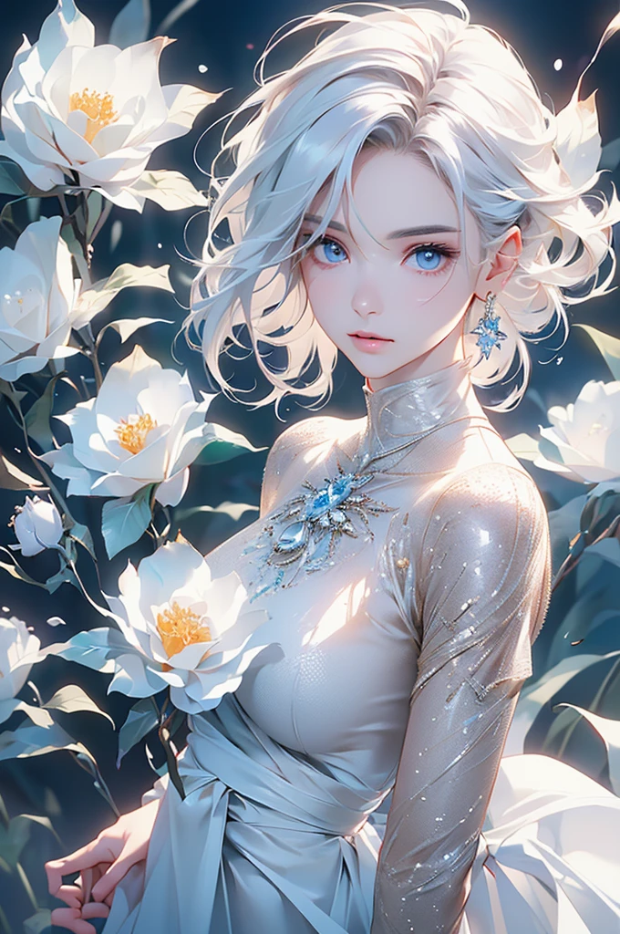 ((From the waist up))((masterpiece:1.5、8k、Portraiture、フォトリアリスティックでVery detailedなCG、Very detailed、Particle Effects、Dynamic Effects、Written boundary depth、Cinematic Light、Lens flare、Ray Tracing、Tabletop、Realistic:1.4、Ultra-high resolution:1.2、Realistic、Realistic))((alone、,Woman in turtleneck dress:1.4、Model-like pose:、Side bust、Ample breasts、Detailed face、bright表情、young, bright, Whiter skin、Best Looks、Ultimate beauty、White hair with shiny highlights:1.8、bright and shiny hair,、Super long, Silky straight hair、Hair swaying in the wind))(Wonderful transparent flower々Surrounded by、White Background、Great background、Thin petals fluttering down)