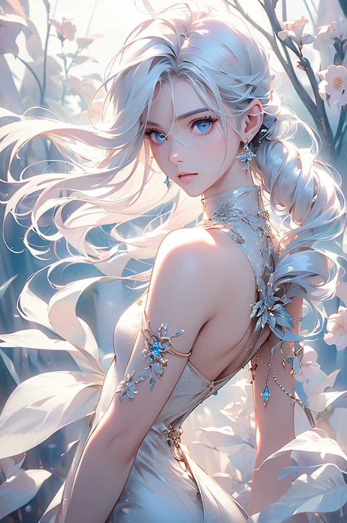 ((From the waist up))((masterpiece:1.5、8k、Portraiture、フォトリアリスティックでVery detailedなCG、Very detailed、Particle Effects、Dynamic Effects、Written boundary depth、Cinematic Light、Lens flare、Ray Tracing、Tabletop、Realistic:1.4、Ultra-high resolution:1.2、Realistic、Realistic))((alone、,Woman in turtleneck dress:1.4、Model-like pose:、Side bust、Ample breasts、Detailed face、bright表情、young, bright, Whiter skin、Best Looks、Ultimate beauty、White hair with shiny highlights:1.8、bright and shiny hair,、Super long, Silky straight hair、Hair swaying in the wind))(Wonderful transparent flower々Surrounded by、White Background、Great background、Thin petals fluttering down)

