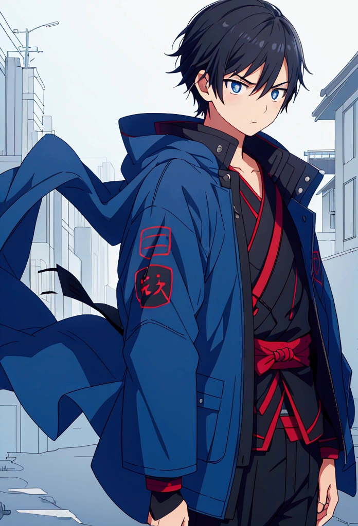 (Best quality), simple background, Japanese novel cover, a boy, short black hair, jacket, looking into the distance, missing his sister, blue jacket, fierce eyes,