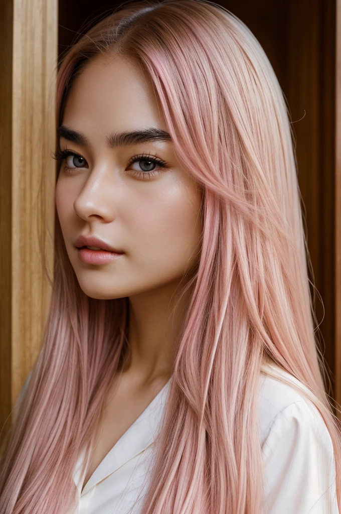 female literary character, long golden hair, Brown eyes, defined eyebrows, parts, thick pink lips, White skin 