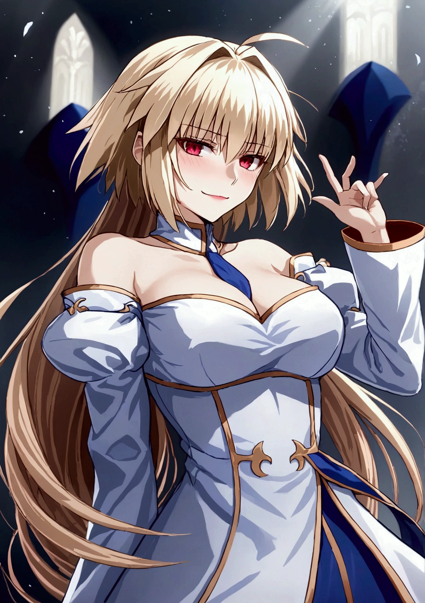 1girl, solo, arcueid brunestud, red eyes, blonde hair, solo, breasts, evil smile, arcueid, blood,