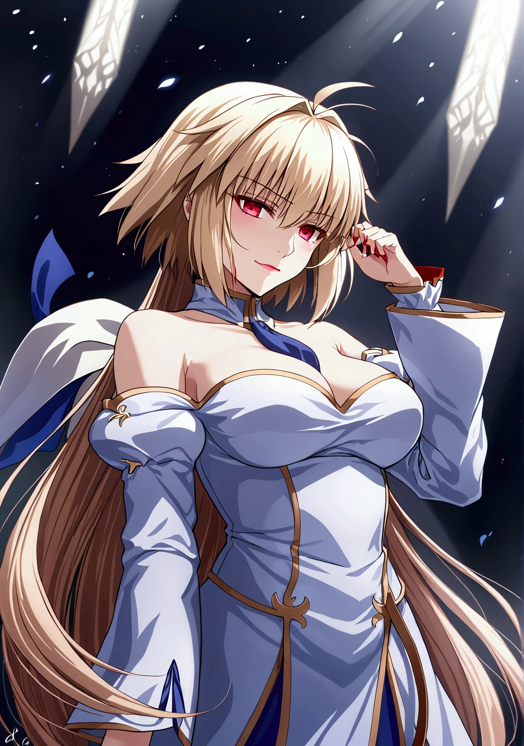 1girl, solo, arcueid brunestud, red eyes, blonde hair, solo, breasts, evil smile, arcueid, blood,