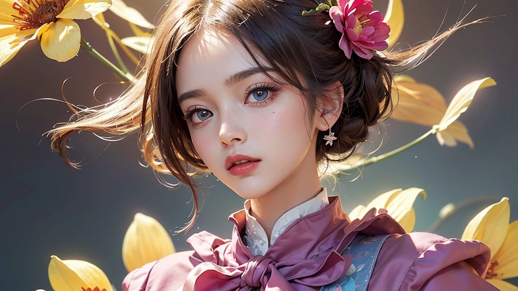 One girl, alone, flower畑, flower, (Official Art, unity 8k wallpaper, Super detailed, beautifully、aesthetic, masterpiece ,Highest quality:1.3), (Dynamic Angle:1.2), (Floating colorful sparkles:1) , elegant, Vibrant colors, Highly detailed face, Detailed eyes, Glowing Skin, Glossy Lips ,