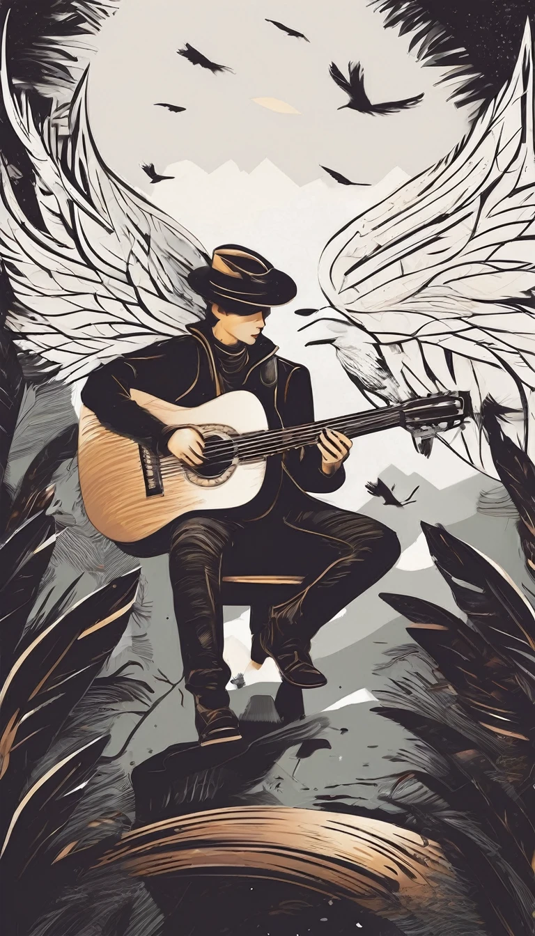 Create a minimal, modern, simple, inspirational, memorable, dream like logo design of a boy playing acoustic guitar to a feather for the brand “Penamemoria". The logo design must convey a sense of storytelling, cinematic storytelling, stories and dreams. Logo design impressed on a book cover