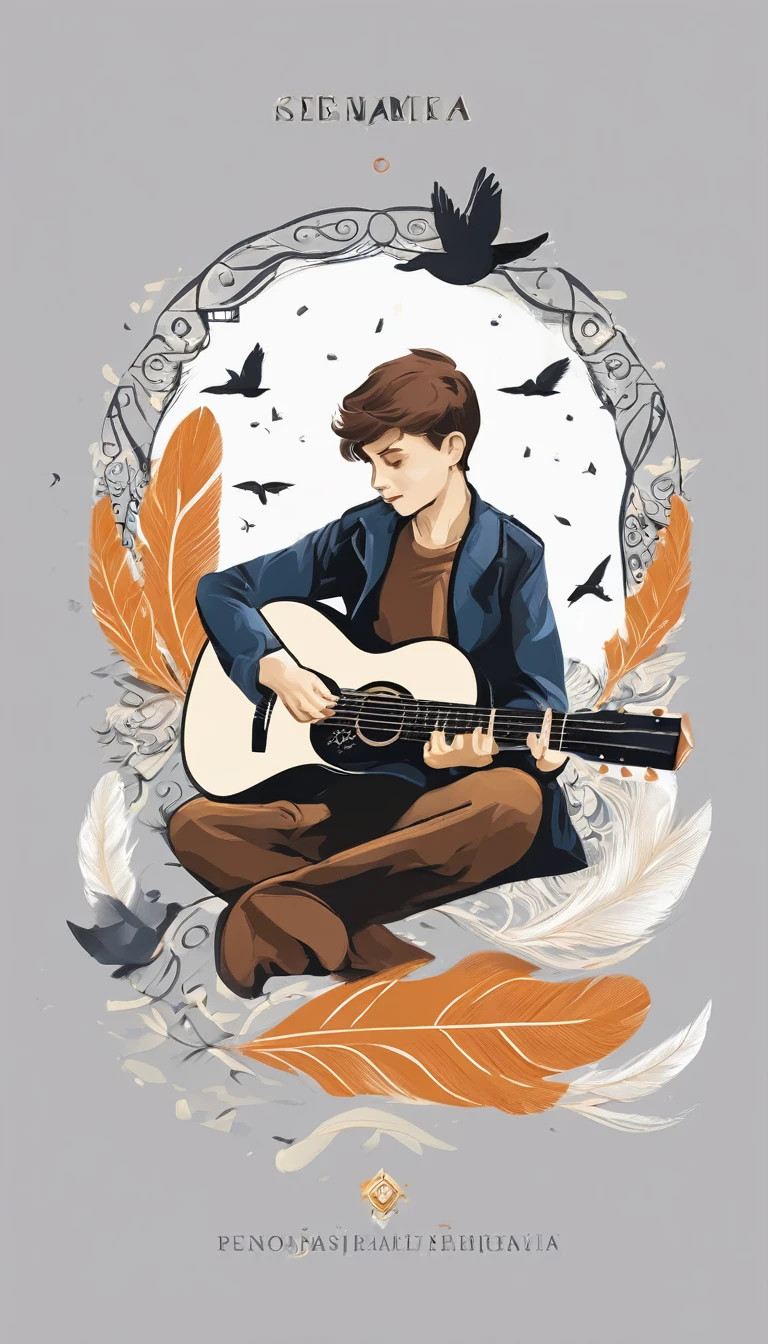 Create a minimal, modern, simple, inspirational, memorable, dream like logo design of a boy playing acoustic guitar to a feather for the brand “Penamemoria". The logo design must convey a sense of storytelling, cinematic storytelling, stories and dreams. Logo design impressed on a book cover