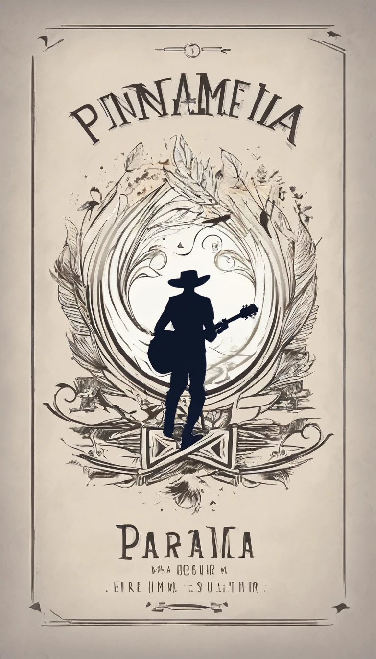 Create a minimal, modern, simple, inspirational, memorable, dream like logo design of a boy playing acoustic guitar to a feather for the brand “Penamemoria". The logo design must convey a sense of storytelling, cinematic storytelling, stories and dreams. Logo design impressed on a book cover