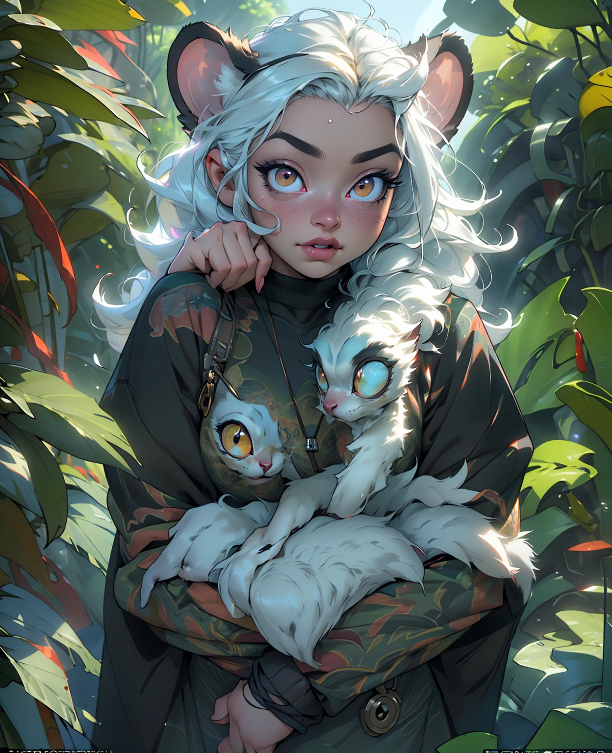 Dwarf lemur, cute small creature, tropical forest, detailed fur texture, big eyes, long tail, cute facial expression, photorealistic, (best quality,4k,8k,highres,masterpiece:1.2),ultra-detailed,(realistic,photorealistic,photo-realistic:1.37),highly detailed, vibrant colors, natural lighting, detailed environment, lush foliage, depth of field