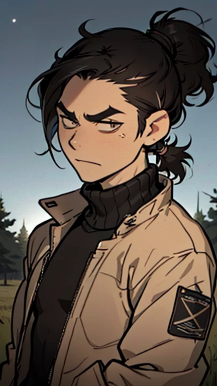 (detailed), (((normal guy))), (Arabic characteristics), ((brown sheepskin jacket)), ((pelo  rizado ponytail hairstyle)), ((ponytail hairstyle)), (calm face), ((by the width)), ((black high boots)), (((whole body))), ((in the middle of a field leaning on a tree), ((male)), (black turtleneck sweater), ((only one person)), (at night)