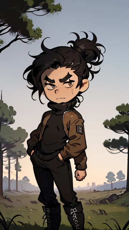 (detailed), (((normal guy))), (Arabic characteristics), ((brown sheepskin jacket)), ((pelo negro rizado ponytail hairstyle)), ((ponytail hairstyle)), (calm face), ((by the width)), ((black high boots)), (((whole body))), ((in the middle of a field leaning on a tree), ((male)), (black turtleneck sweater), ((only one person)), (at night)