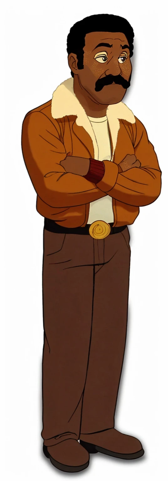 has short, tightly curled hair styled in a rounded shape on top of his head. Looks like Apollo creed from rocky 