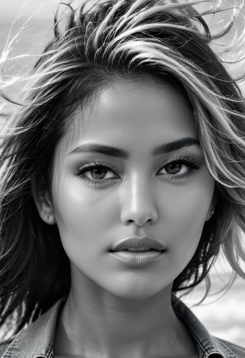 An extreme close up photo of a female Latina model's face. Monochrome grainy image. Outside, coastal setting. Model is windswept, long hair blown about. Dark hair with blonde highlights. Lips slightly parted. Looking direct to the camera. Detailed, high quality image. High contrast image,