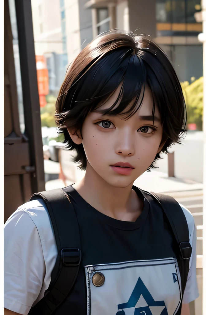 Highest quality、Highest quality、Professional portrait、Science fiction、My name is Ilya Haas.、16-year-old female、Jewish appearance、Black Hair、Short Hair、Gray Eyeature look、He has excellent grades in high school, but he helps his parents with manual labor.、Tshirt、cargo pants