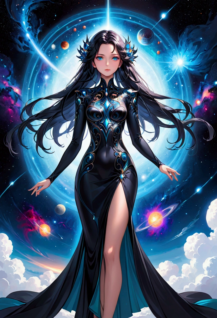 Girl with dark cosmic hair, dark cosmic eyes,tall rectangular body figure, mature, elagant dress