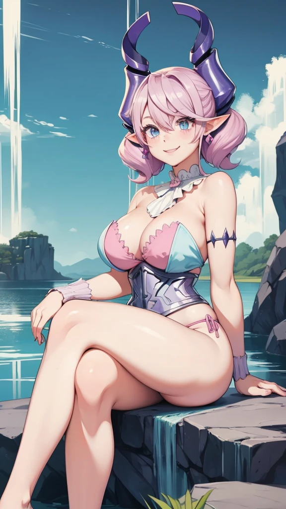 Waterfalls High level image quality best image quality 8K adult woman background a lake in the middle of jungle outside more colors whole body view portrait wearing deep pink bikini pink horn ears short hair((shortcut)(gray hair)(perm)(fluffy)) eye color is blue , , attractive evil face , smile , sexy pose , labrynth , barearm , both arms over head , wearing pink , crossed legs ,