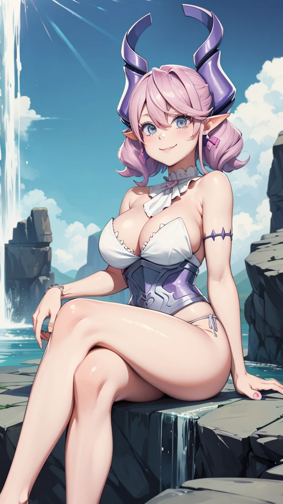 Waterfalls High level image quality best image quality 8K adult woman background a lake in the middle of jungle outside more colors whole body view portrait wearing deep pink bikini pink horn ears short hair((shortcut)(gray hair)(perm)(fluffy)) eye color is blue , , attractive evil face , smile , sexy pose , labrynth , barearm , both arms over head , wearing pink , crossed legs ,