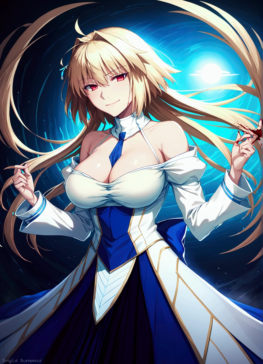 1girl, solo, arcueid brunestud, red eyes, blonde hair, solo, breasts, evil smile, arcueid, blood,