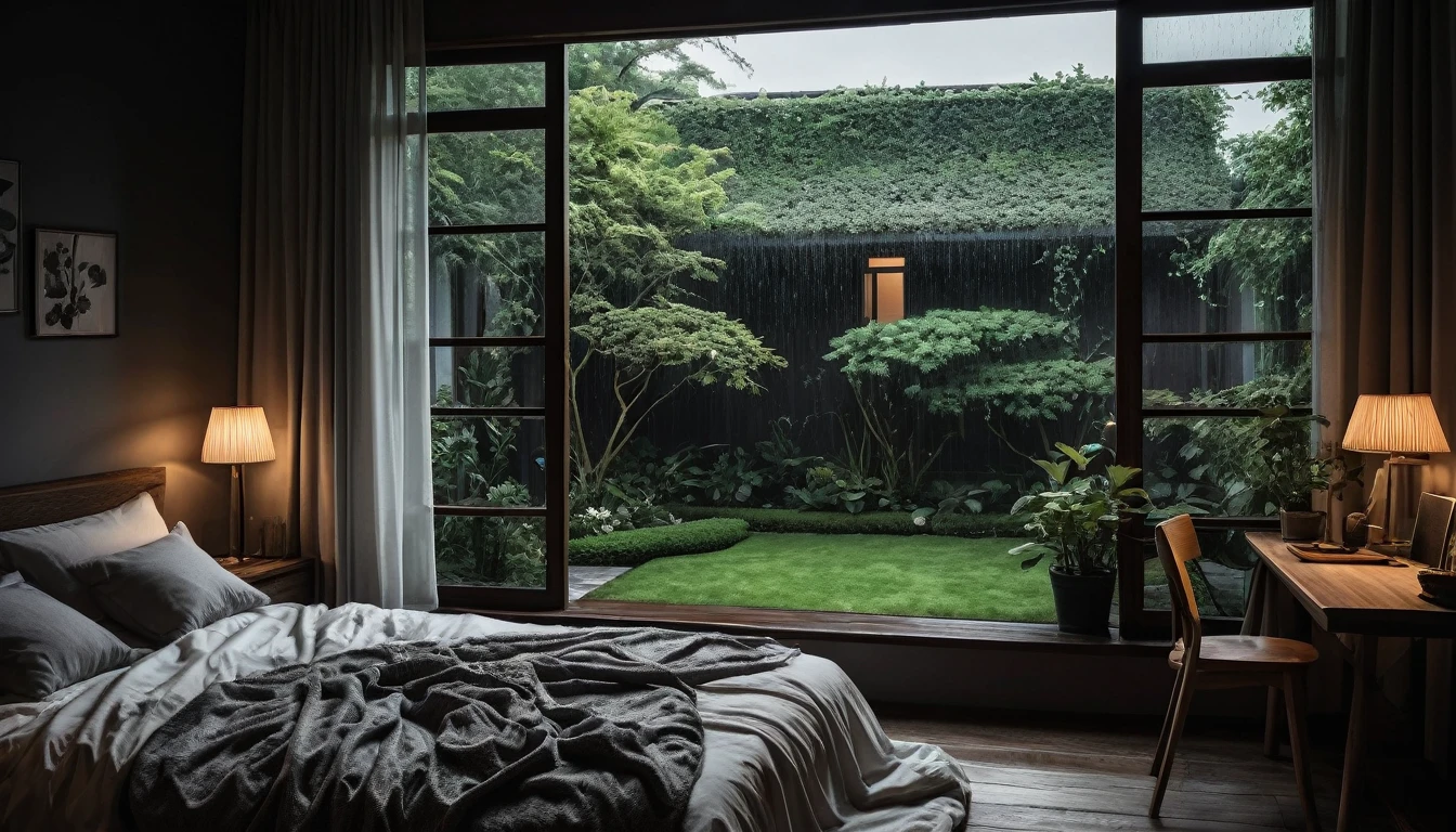 The picture shows a cozy gloomy bedroom, with a large window offering a view of a beautiful, dimly lit garden AND a garden soaked in FLOWERS, the cobblestones of the Japanese house concept. CINEMATIC, JAPANESE HOUSE, the shape of a Japanese house, and lots of flower gardens in the garden. The bed was unmade with rumpled sheets, indicating only a light sleep. the room is dark, gloomy, looks dim, gloomy. Beside the bed there is a small table with a classic lamp that radiates warm light into the room. Outside the window you can see the lush greenery of the terrace or balcony area, the rain is falling, the lamp on the left provides warm lighting, creating a calm and peaceful atmosphere. with fog obscuring part of the view in the distance. The contrast between the warmth indoors and the rain outdoors creates an inviting and calming atmosphere