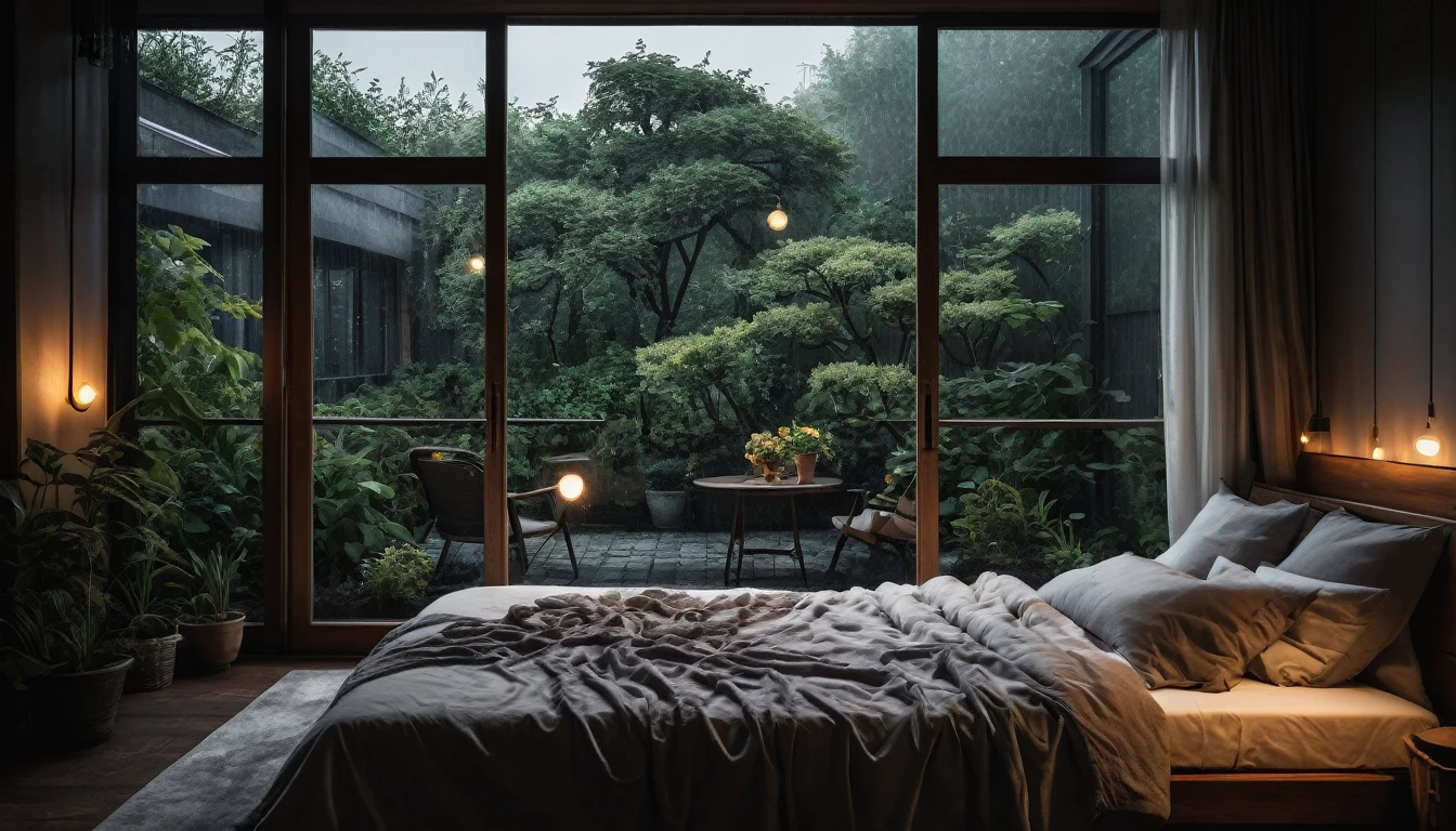 The picture shows a cozy gloomy bedroom, with a large window offering a view of a beautiful, dimly lit garden AND a garden soaked in FLOWERS, the cobblestones of the Japanese house concept. CINEMATIC, JAPANESE HOUSE, the shape of a Japanese house, and lots of flower gardens in the garden. The bed was unmade with rumpled sheets, indicating only a light sleep. the room is dark, gloomy, looks dim, gloomy. Beside the bed there is a small table with a classic lamp that radiates warm light into the room. Outside the window you can see the lush greenery of the terrace or balcony area, the rain is falling, the lamp on the left provides warm lighting, creating a calm and peaceful atmosphere. with fog obscuring part of the view in the distance. The contrast between the warmth indoors and the rain outdoors creates an inviting and calming atmosphere