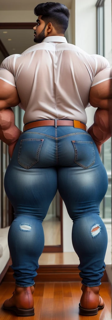 4 meter tall slightly overweight indian man. 21 years old. Young mature face with goatee. Very sexy Posing for camera. Muscular. Wearing a lycra dress shirt and torn jeans. Big ass. Very developed long and thick legs. One person only. Even bigger legs. View from the back
