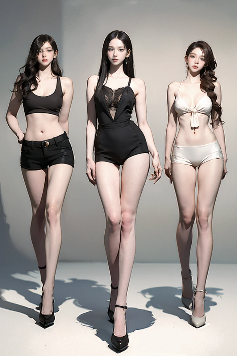 Master of animation, A perfect masterpiece, On a pure white background、Dressed in cool, sexy and modern clothes、Sexy mature modern woman standing, Flowing silver hair, Full Body Stand Posture, Thin legs, Straight chest, Detailed facial details, Natural and beautiful standing posture, Crisp and realistic body detail