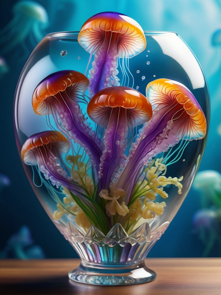 HDR, 4k, realistic photo, artistic photo, sharp focus,
A bouquet of iridescent jellyfish in an elaborate crystal vase, vivid colors,