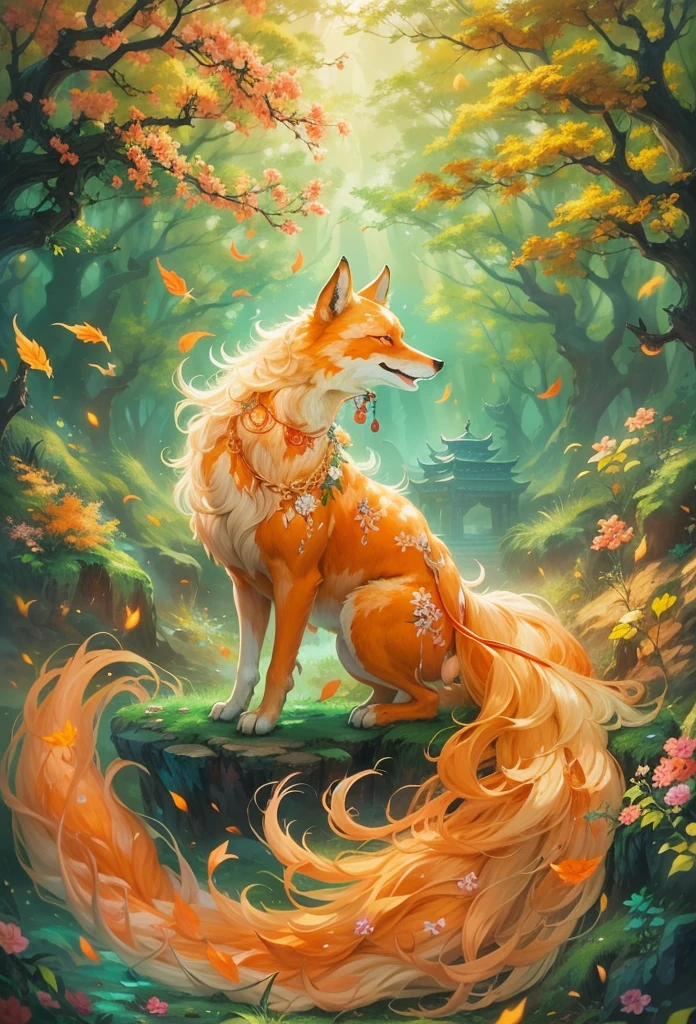 8K Mythical Creatures，（（The nine-tailed fox in Chinese mythology）），Traditional Chinese Elements，（（Ancient murals）），Examples of myths，The Legend of Fuyao，Spotted Light，Hazy haze，Mysterious Aura，masterpiece，khd，Colorful，Detailed explanation，Seven Colors
