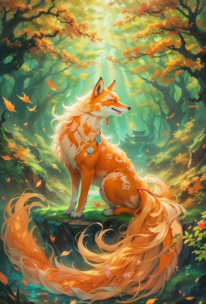 8K Mythical Creatures，（（The nine-tailed fox in Chinese mythology）），Traditional Chinese Elements，（（Ancient murals）），Examples of myths，The Legend of Fuyao，Spotted Light，Hazy haze，Mysterious Aura，masterpiece，khd，Colorful，Detailed explanation，Seven Colors