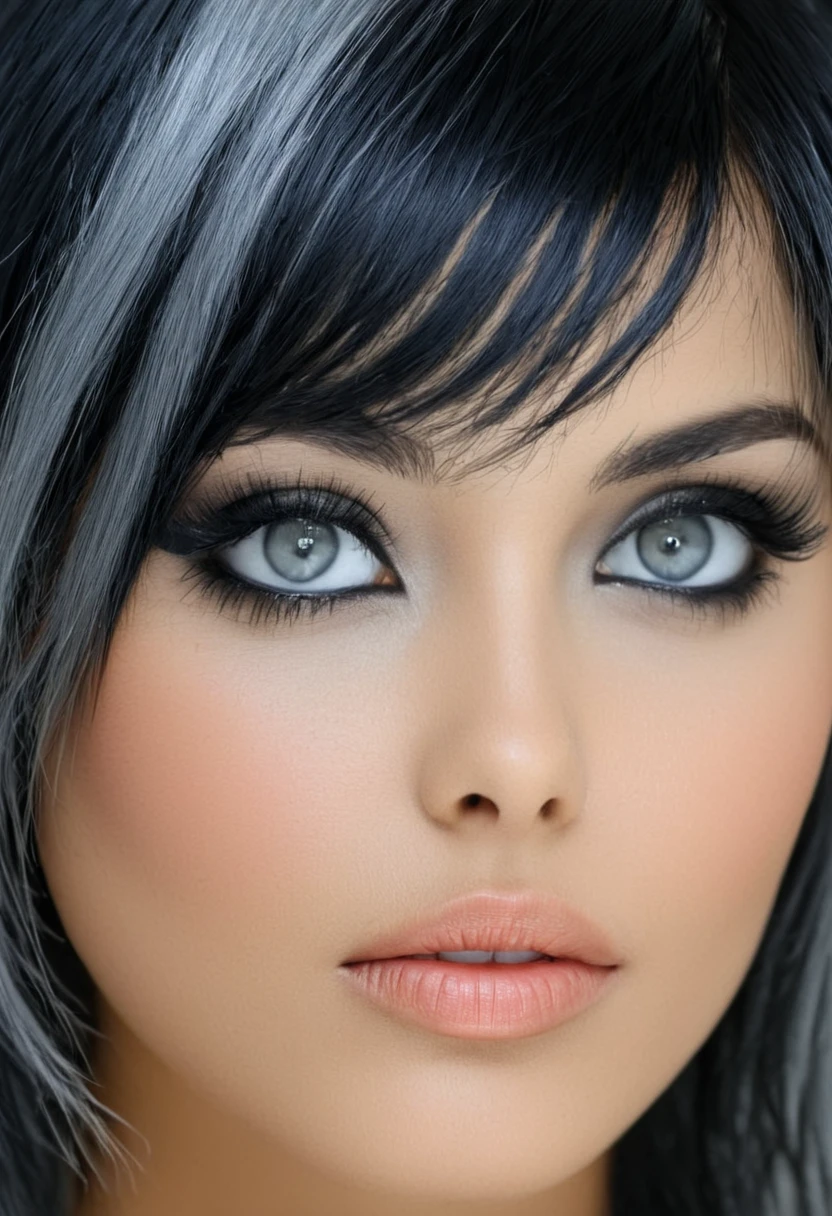 1fille, Maginifique, cheveux noirs, frange émoussée, yeux gris métallisé, eye-liner noir,